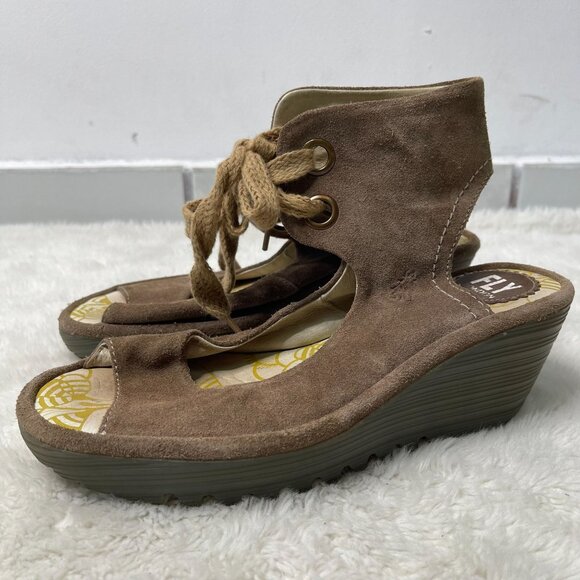 Fly London Shoes - Fly London Women's Brown Yaffa Wedge Lace Up Sandals Open Toe Shoes Size 39